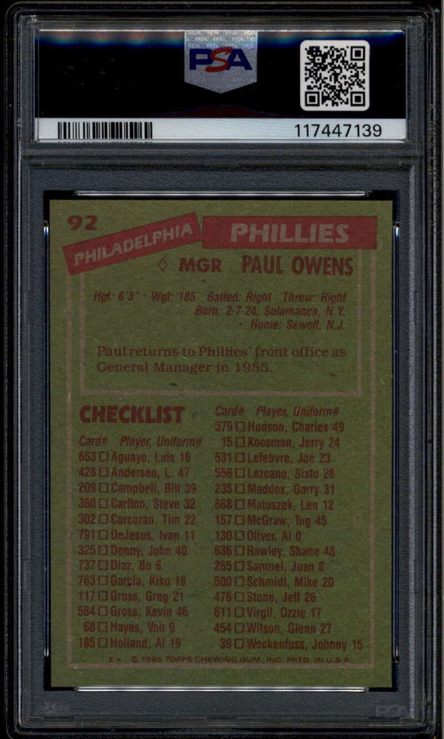 1985 Topps 92 Paul Owens MG Manager PSA 10 GEM MT