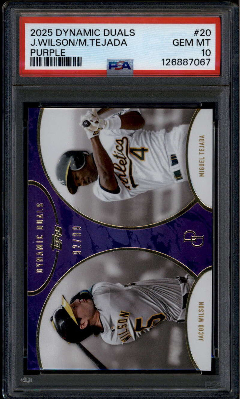 2025 Topps Dynamic Duals Purple 20 Miguel Tejada Jacob Wilson RC 92/99 PSA 10