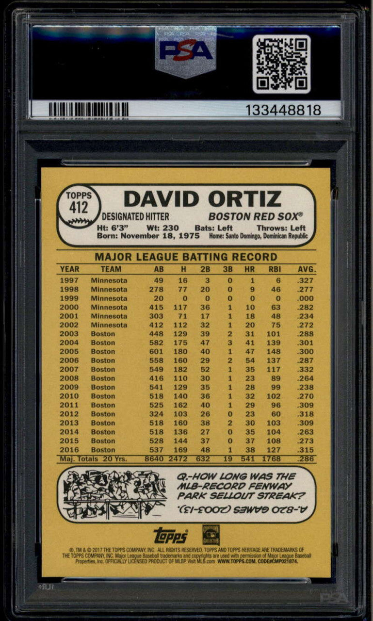 2017 Topps Heritage 412b David Ortiz Color Swap SP PSA 10 GEM MT