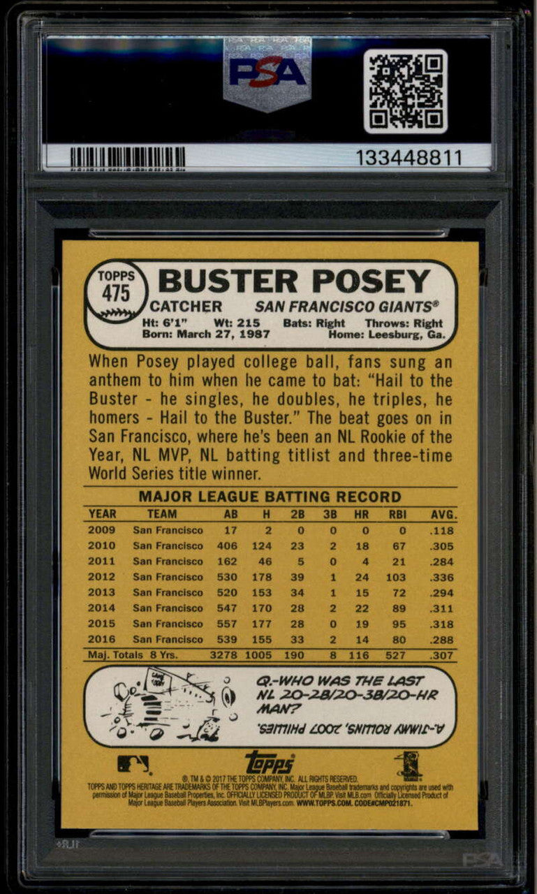 2017 Topps Heritage 475b Buster Posey Action SP PSA 10 GEM MT
