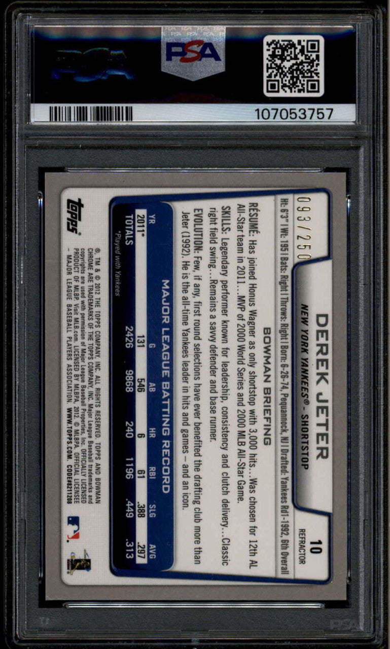 SOLD 176036 2012 Bowman Chrome Blue Refractor 10 Derek Jeter 93/250 PSA 9 MINT