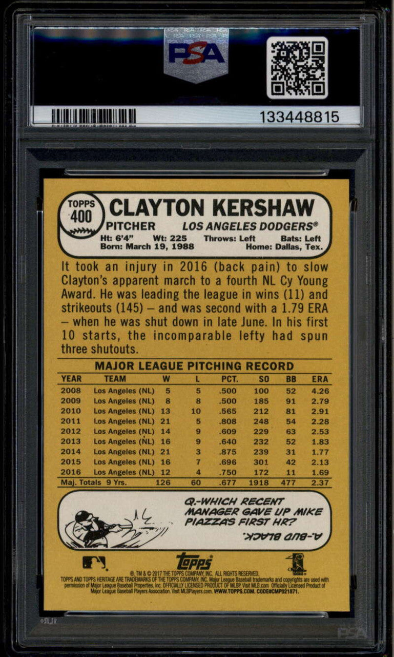 2017 Topps Heritage 400b Clayton Kershaw Action SP PSA 10 GEM MT