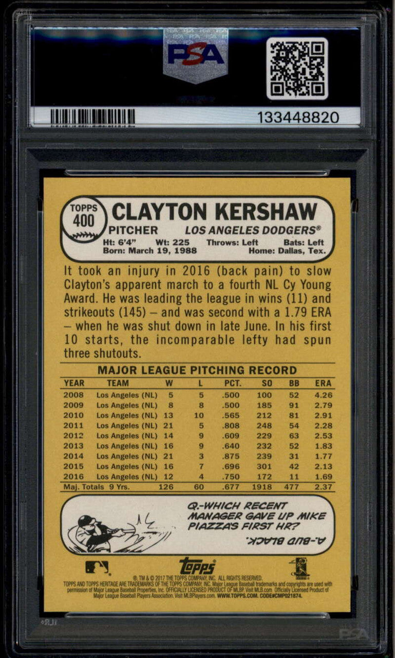 2017 Topps Heritage 400c Clayton Kershaw Color Swap SP PSA 10 GEM MT