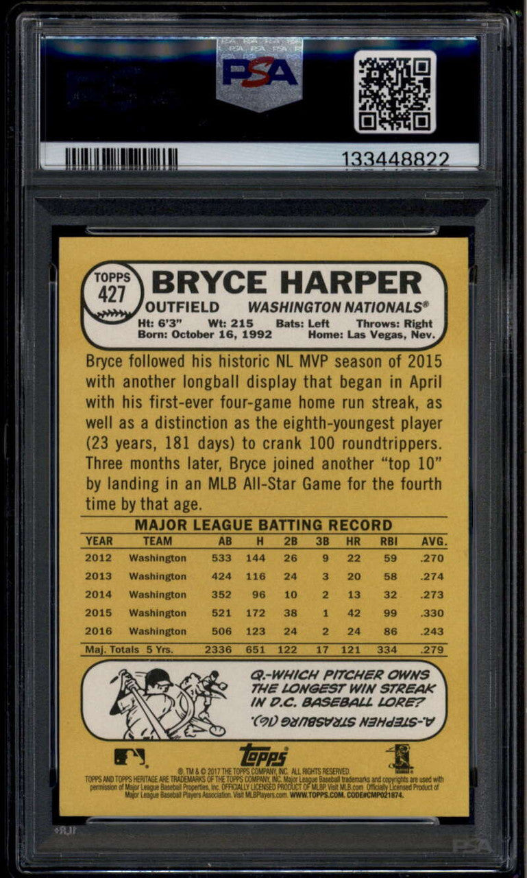 2017 Topps Heritage 427c Bryce Harper Color Swap SP PSA 10 GEM MT