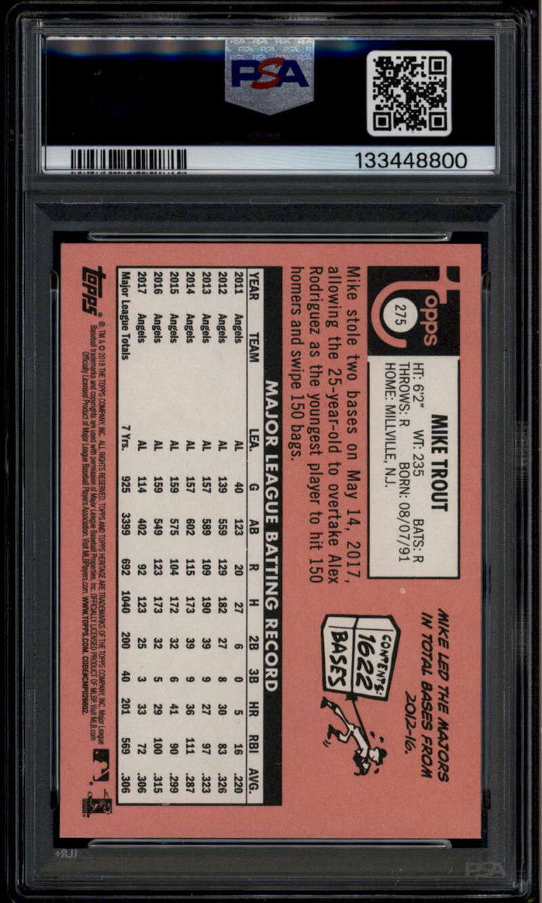 2018 Topps Heritage Team Color Swap Variations 275 Mike Trout SP PSA 10 GEM MT