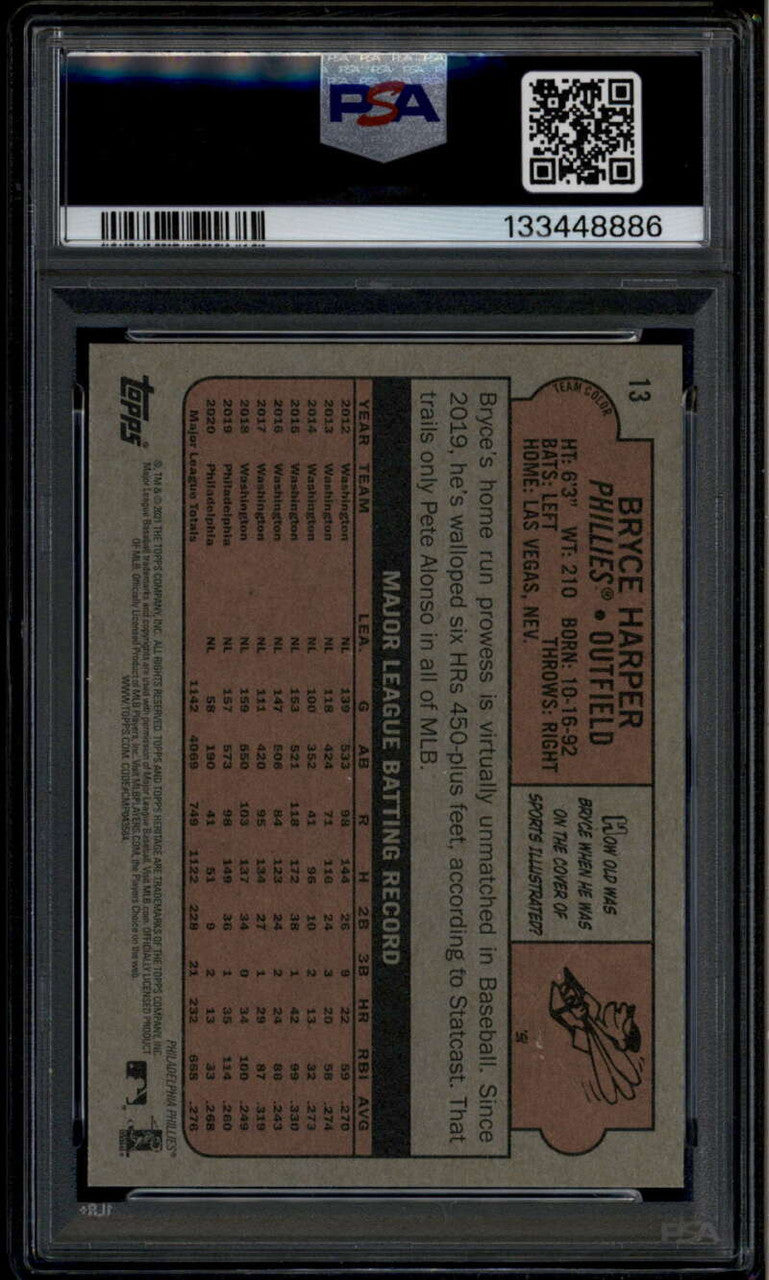 2021 Topps Heritage Team Color Swap Variations 13 Bryce Harper SP PSA 10 GEM MT