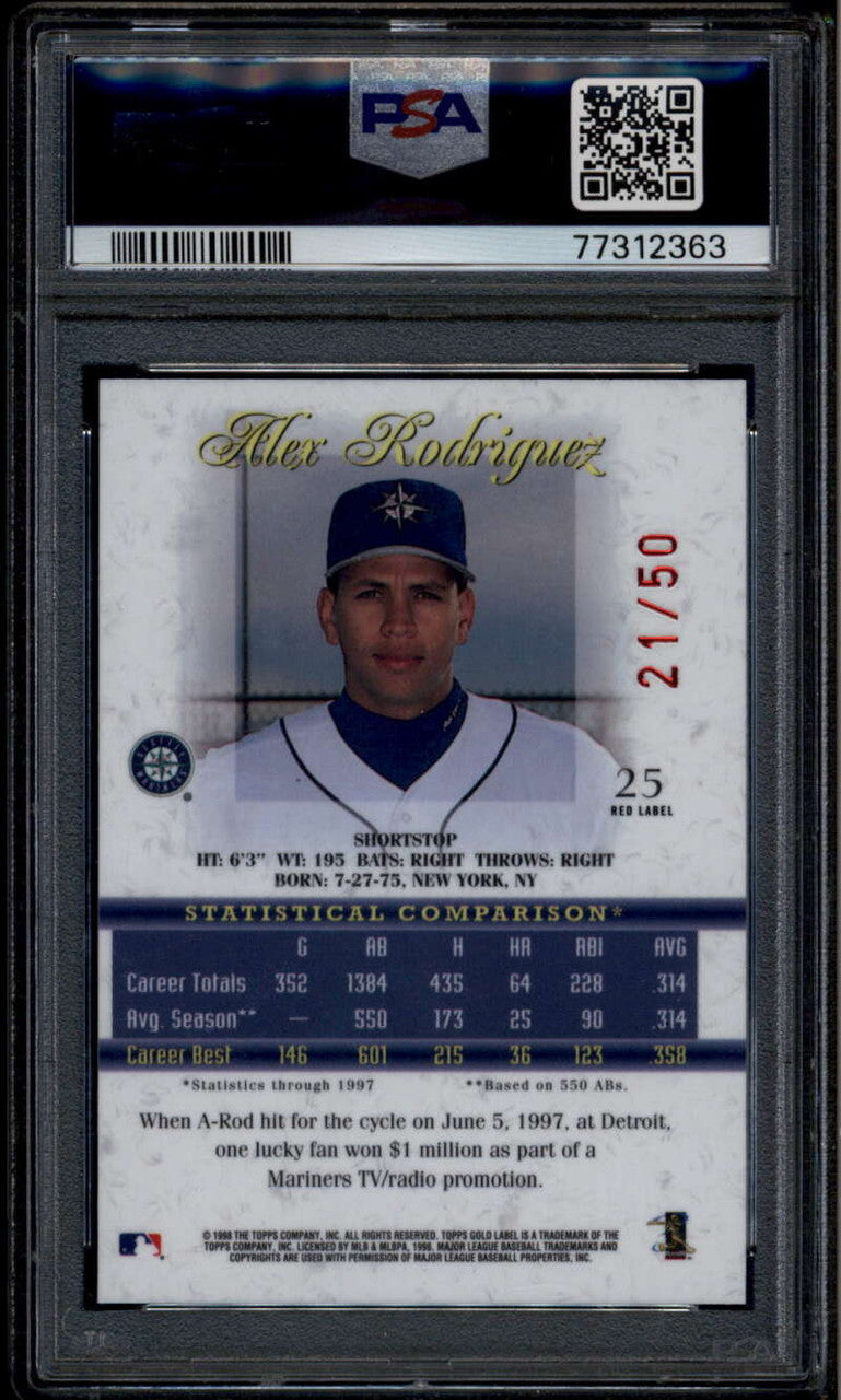 SOLD 176107 1998 Topps Gold Label Class 2 Red 25 Alex Rodriguez 21/50 PSA 9 MINT