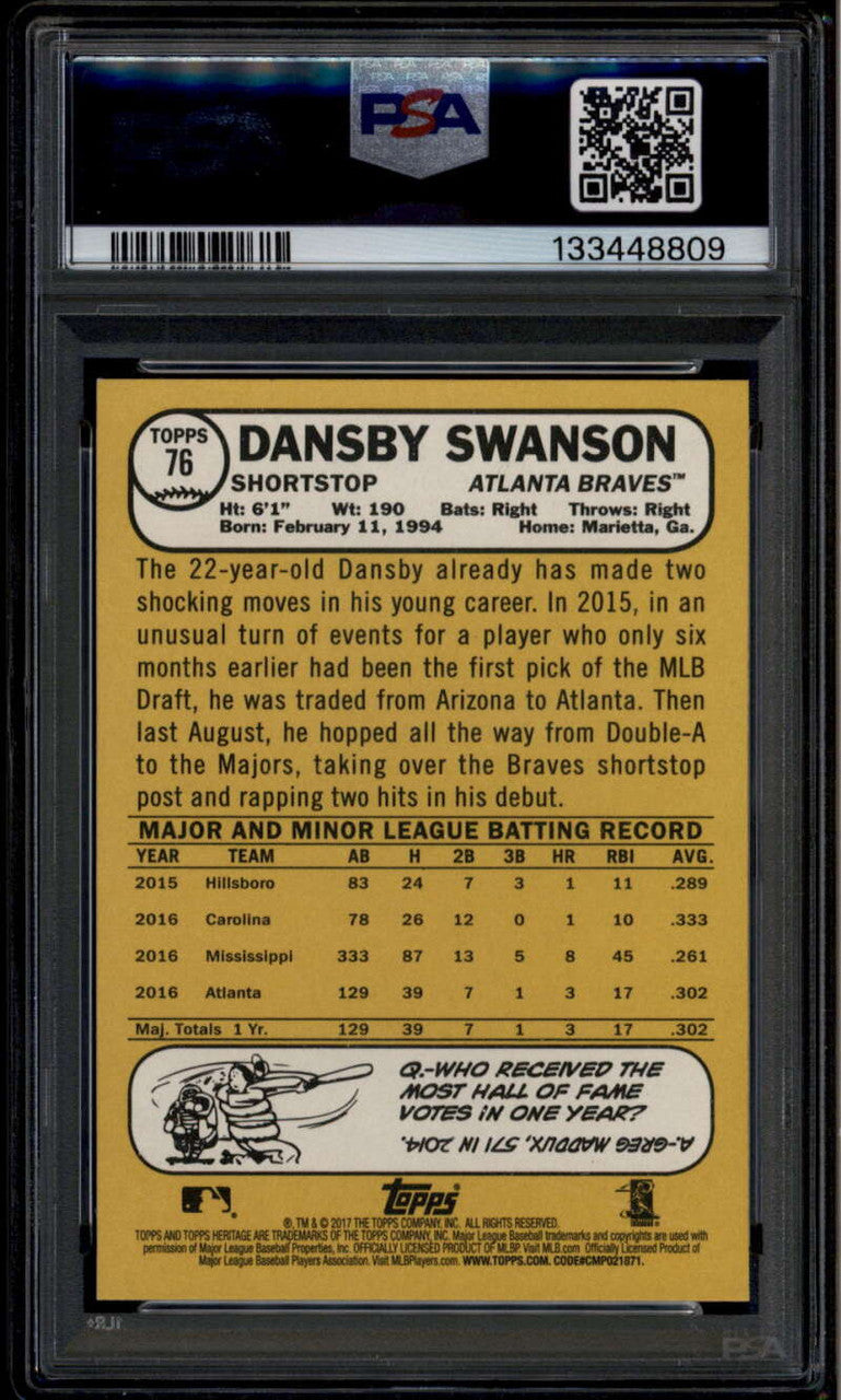 2017 Topps Heritage 76b Dansby Swanson Action Rookie SP PSA 9 MINT