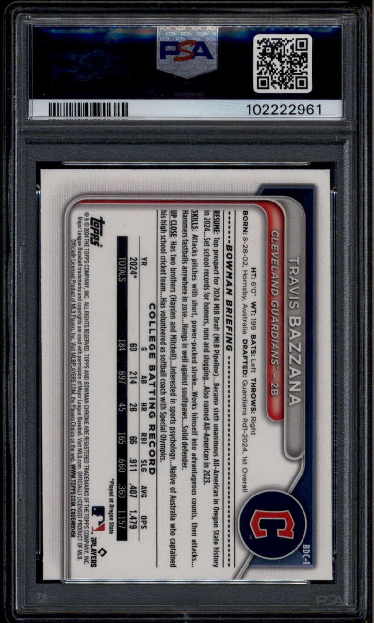 DELETE 176119 2024 Bowman Chrome Draft Sky Blue Refractor bdc49 Travis Bazzana Rookie PSA 9
