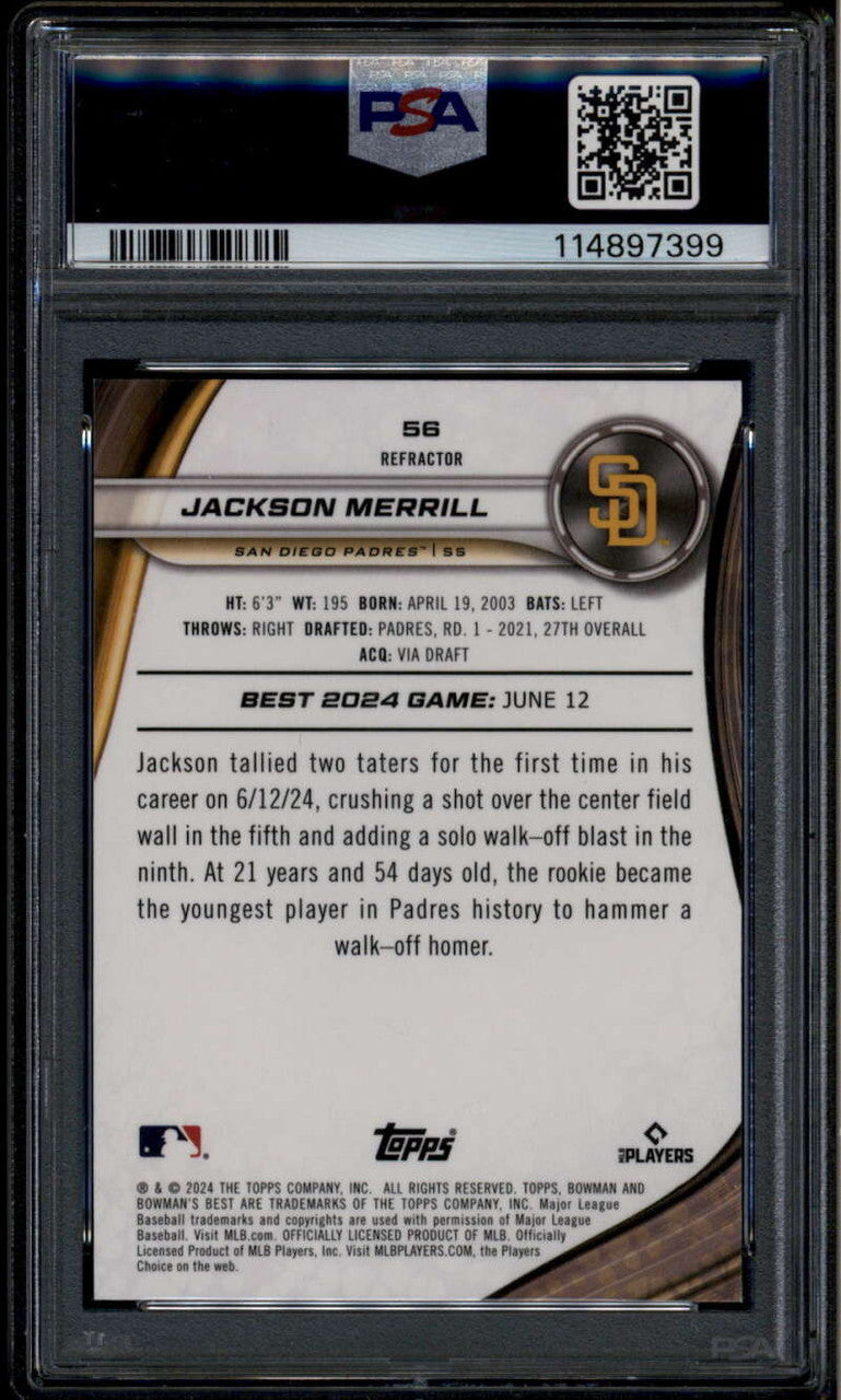 SOLD 176124 2024 Bowman's Best Refractor 56 Jackson Merrill Rookie PSA 10 GEM MT