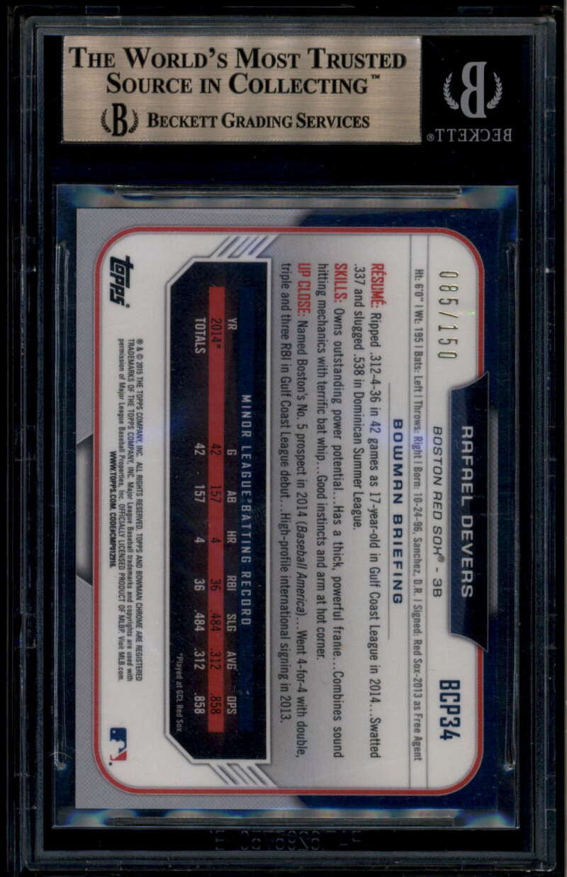 2015 Bowman Chrome Prospect Blue Refractor bcp34 Rafael Devers RC 85/150 BGS 9.5