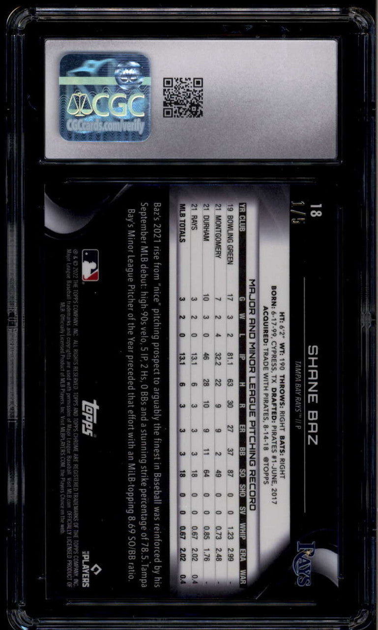 2022 Topps Chrome Black Red Refractor 18 Shane Baz Rookie 1/5 CGC 9 MINT