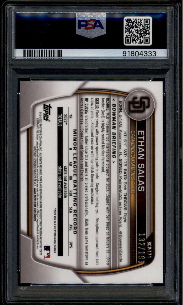 SOLD 176153 2023 Bowman Chrome Mega Pink Refractor bcp171 Ethan Salas Rookie 132/199 PSA 10