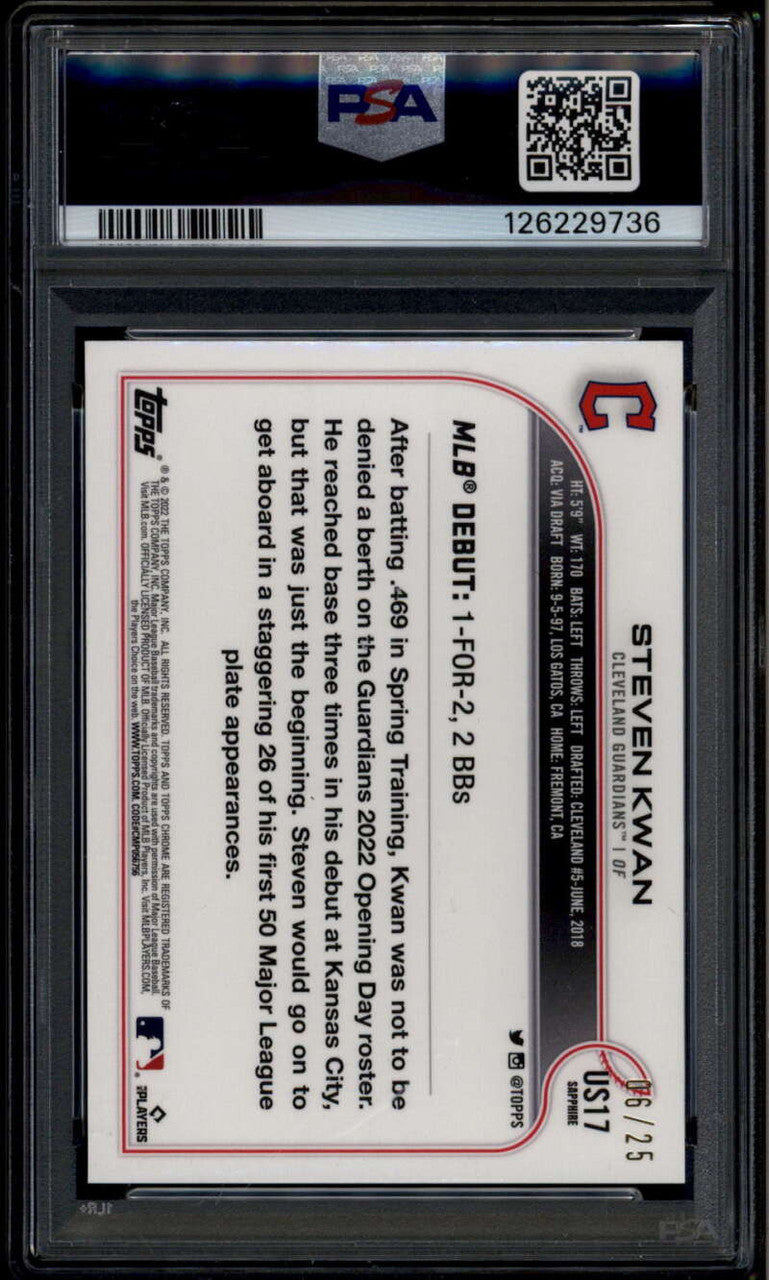 2022 Topps Chrome Update Sapphire Orange Refractor Steven Kwan RC 6/25 PSA 10