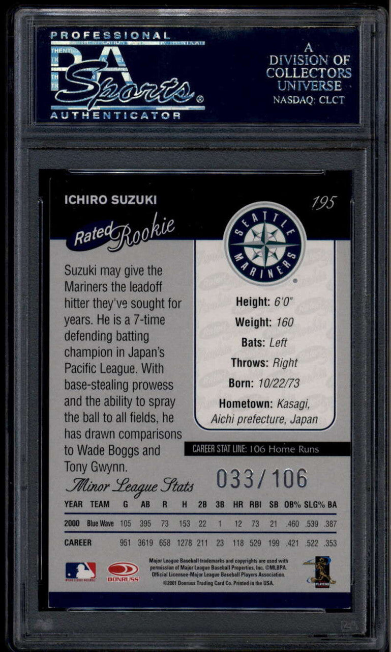 2001 Donruss Stat Line Career 195 Ichiro Suzuki RR Rated Rookie 33/106 PSA 8.5