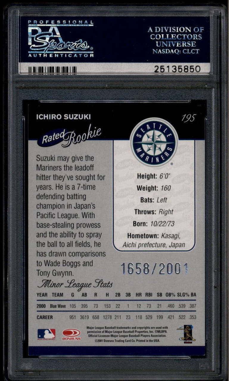 2001 Donruss 195 Ichiro Suzuki RR Rated Rookie 1658/2001 PSA 10 GEM MT POP 3