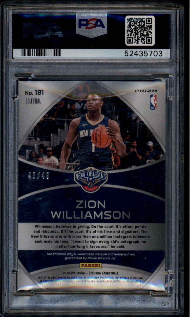 SOLD 176180 2019-20 Panini Spectra Celestial 181 Zion Williamson RC Jersey Auto /49 PSA 9 10