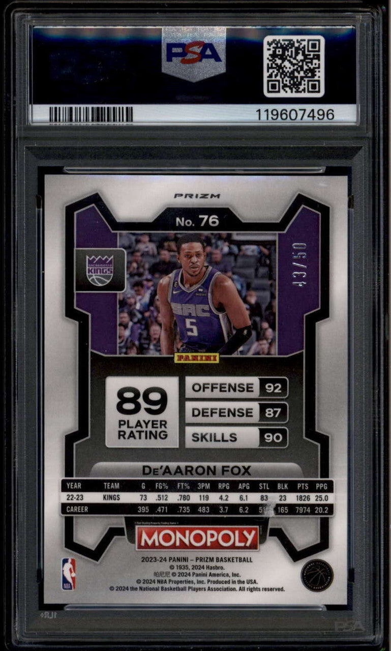 2023-24 Panini Prizm Monopoly Purple Millionaire Shimmer De'Aaron Fox /50 PSA 9
