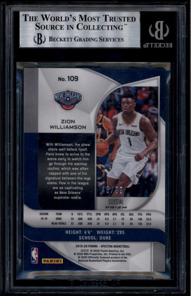 2019-20 Panini Spectra Celestial 109 Zion Williamson Rookie 48/99 BGS 9 MINT