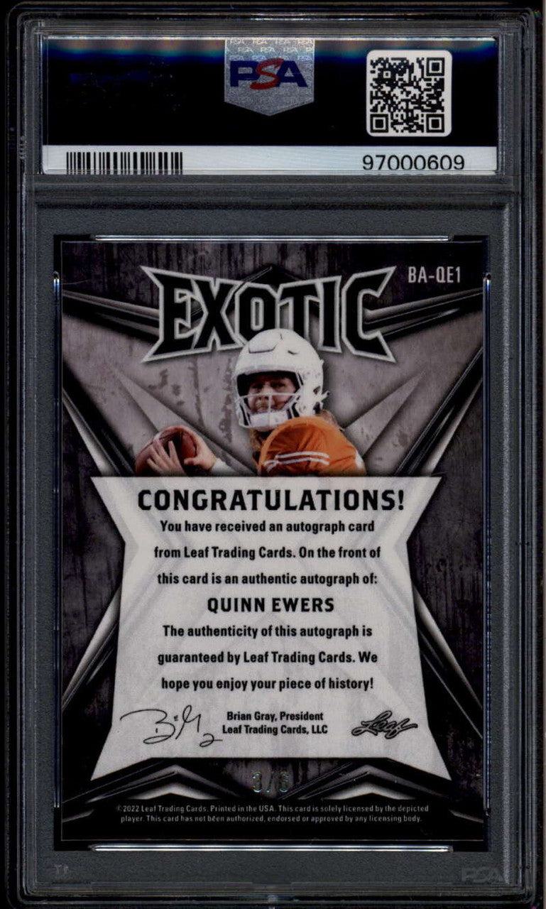 2022 Leaf Exotic Mosaic Peacock baqe1 Quinn Ewers Rookie Auto 3/6 PSA 9 MINT