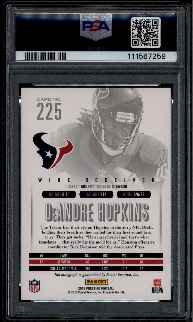 2013 Prestige Extra Points Autographs 225 DeAndre Hopkins RC Auto 4/10 PSA 8
