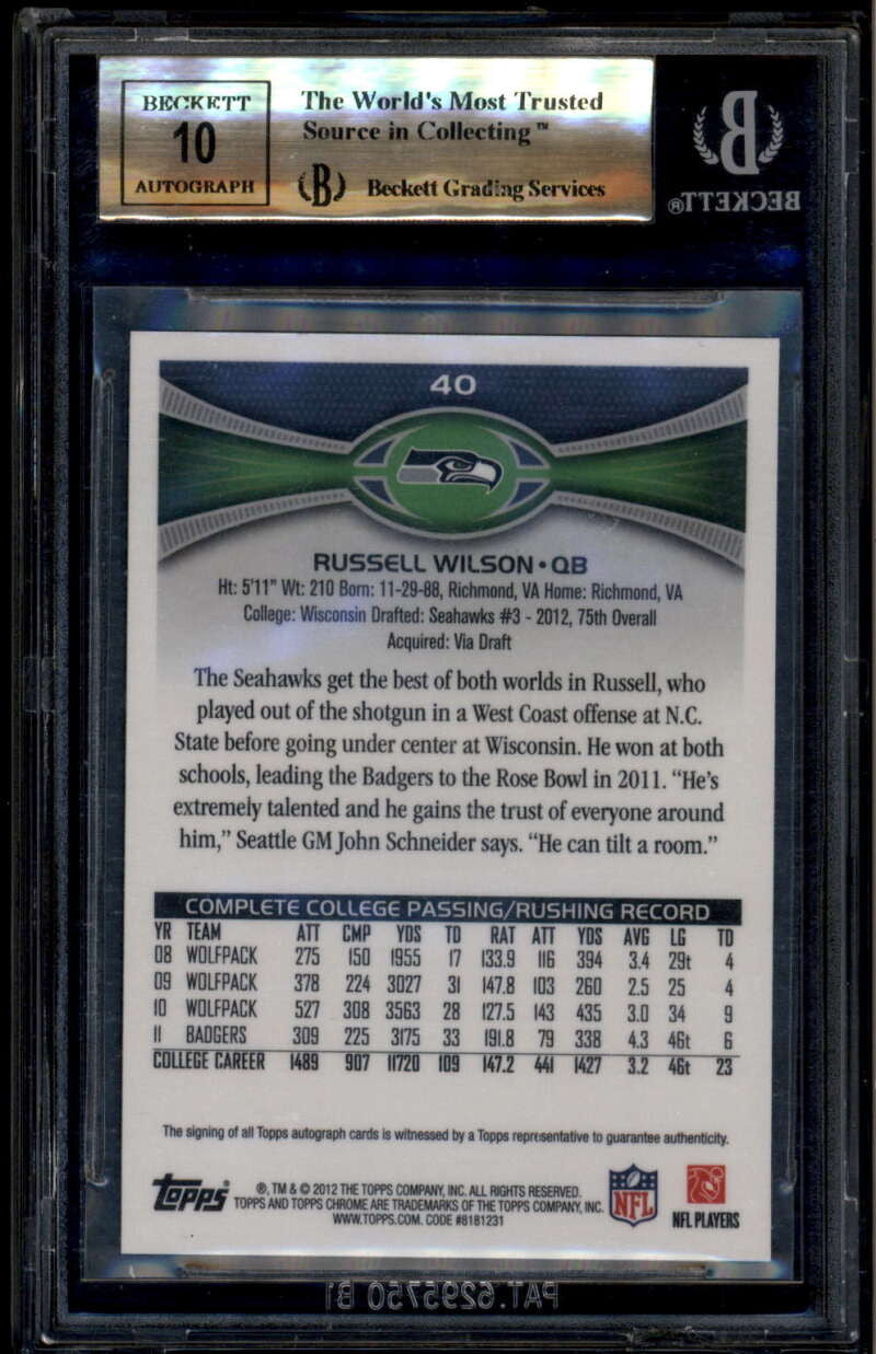 2012 Topps Chrome Rookie Autographs 40 Russell Wilson Rookie Auto BGS 9.5 GEM