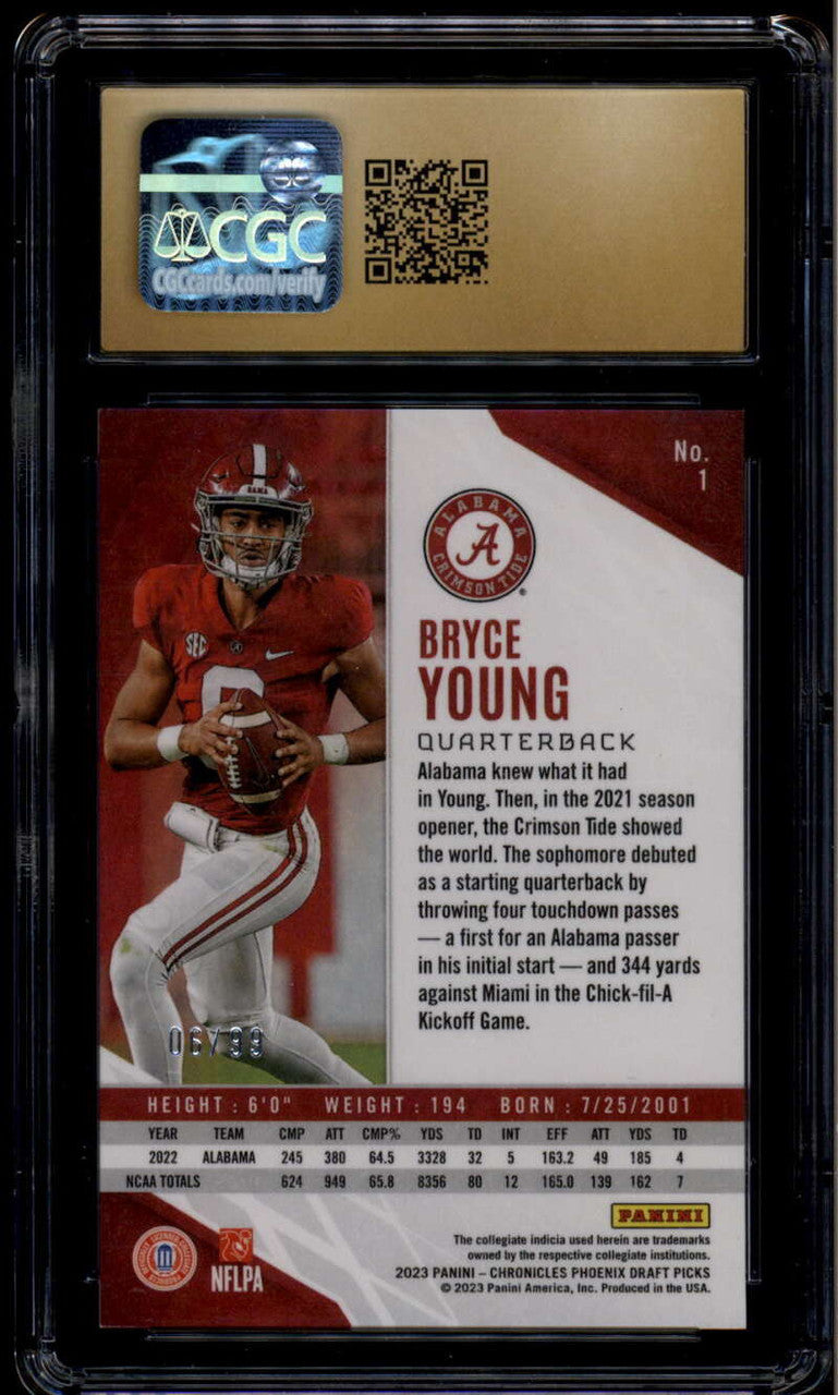 2023 Panini Chronicles Draft Phoenix Blue 1 Bryce Young RC 6/99 CGC 10 PRISTINE