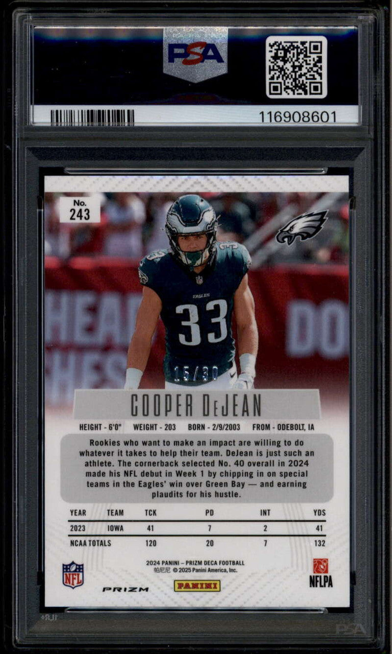SOLD 176295 2024 Panini Prizm Deca Prizms Mojo Refractor 343 Cooper DeJean RC 15/30 PSA 10