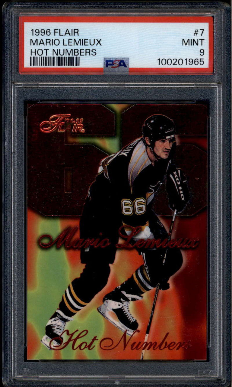 SOLD 176301 1996-97 Flair Hot Numbers 7 Mario Lemieux PSA 9 MINT