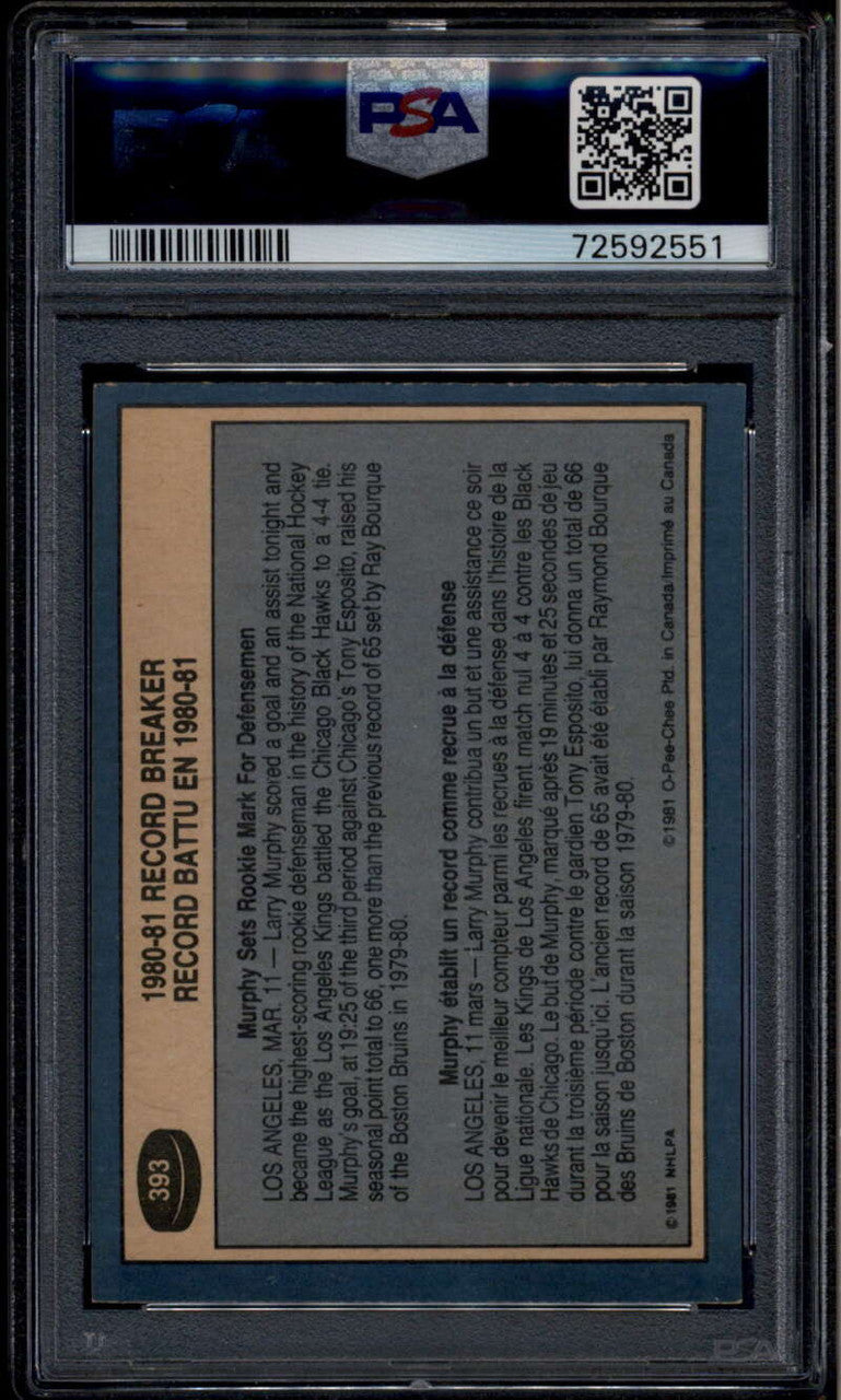 1981-82 O-Pee-Chee 393 Larry Murphy RB Rookie Record Breaker PSA 9 MINT
