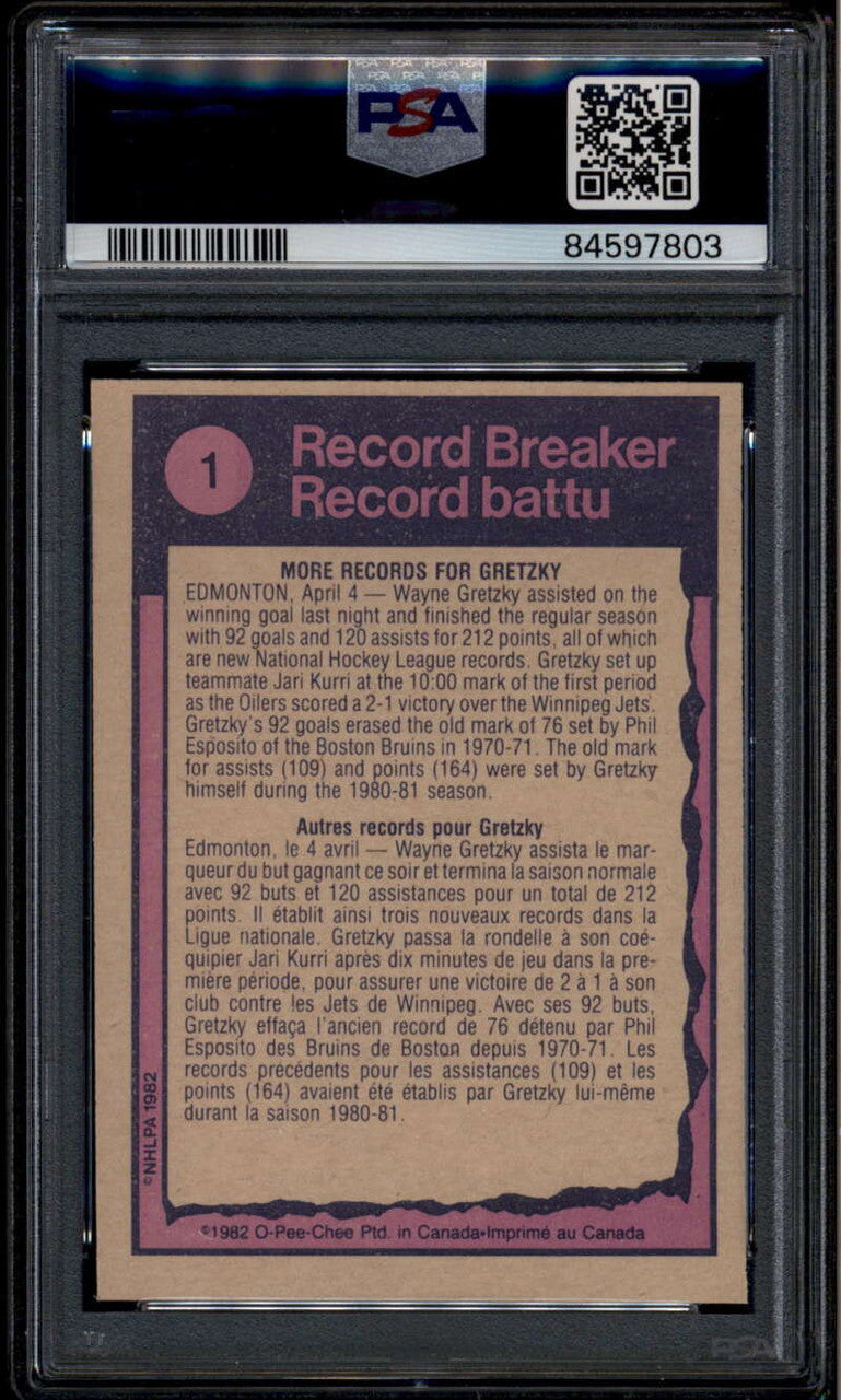 DELETE 176318 1982-83 O-Pee-Chee 1 Wayne Gretzky HL Highlights Record Breaker PSA 8 NM-MT