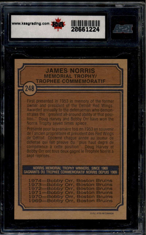 1974-75 Topps 248 Bobby Orr Norris Award Winner KSA 9 MINT