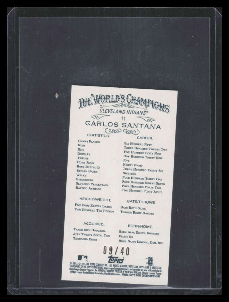 2015 Topps Allen and Ginter Mini Red 11 Carlos Santana 9/40