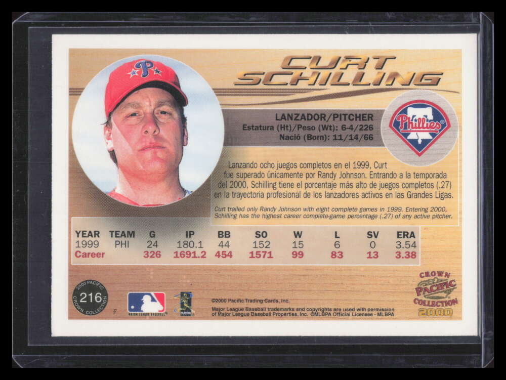 2000 Pacific Crown Collection Holographic Purple 216 Curt Schilling 32/199