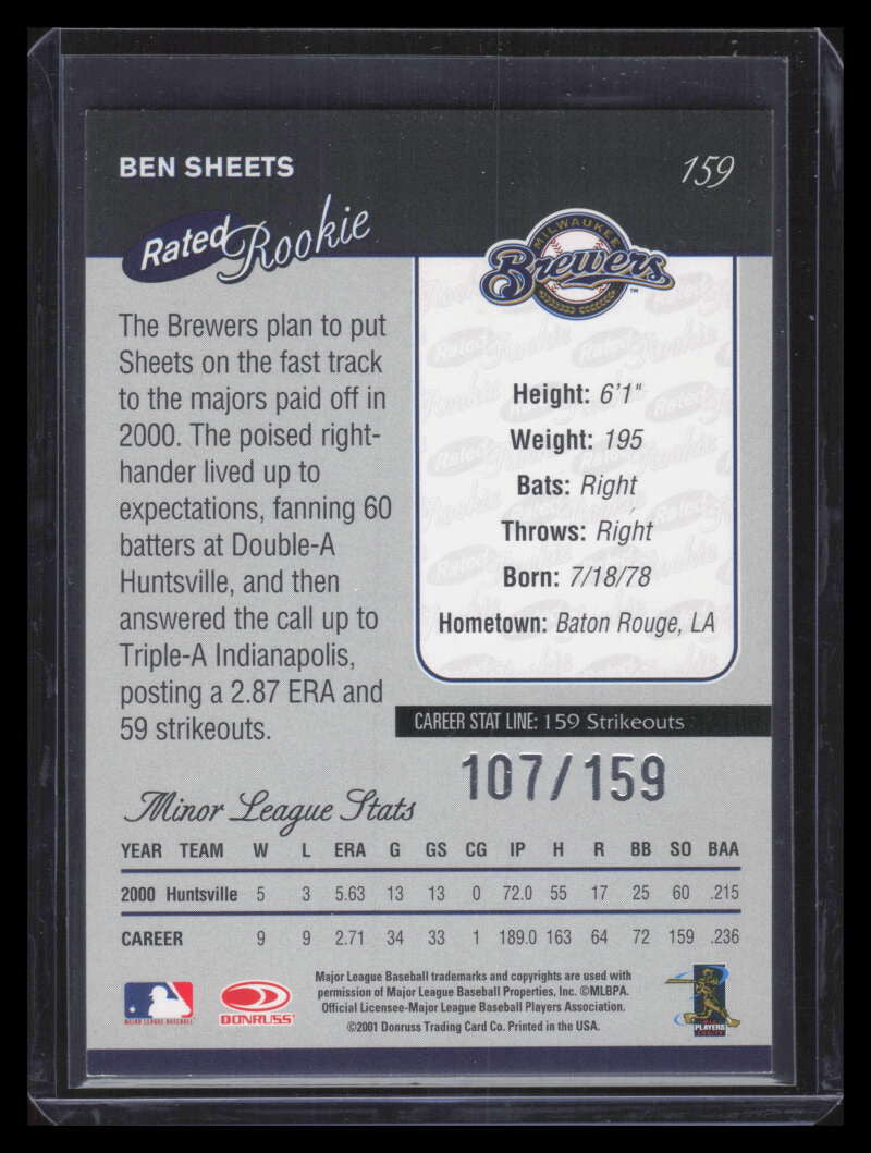 2001 Donruss Stat Line Career 159 Ben Sheets RR Rated Rookie 107/159