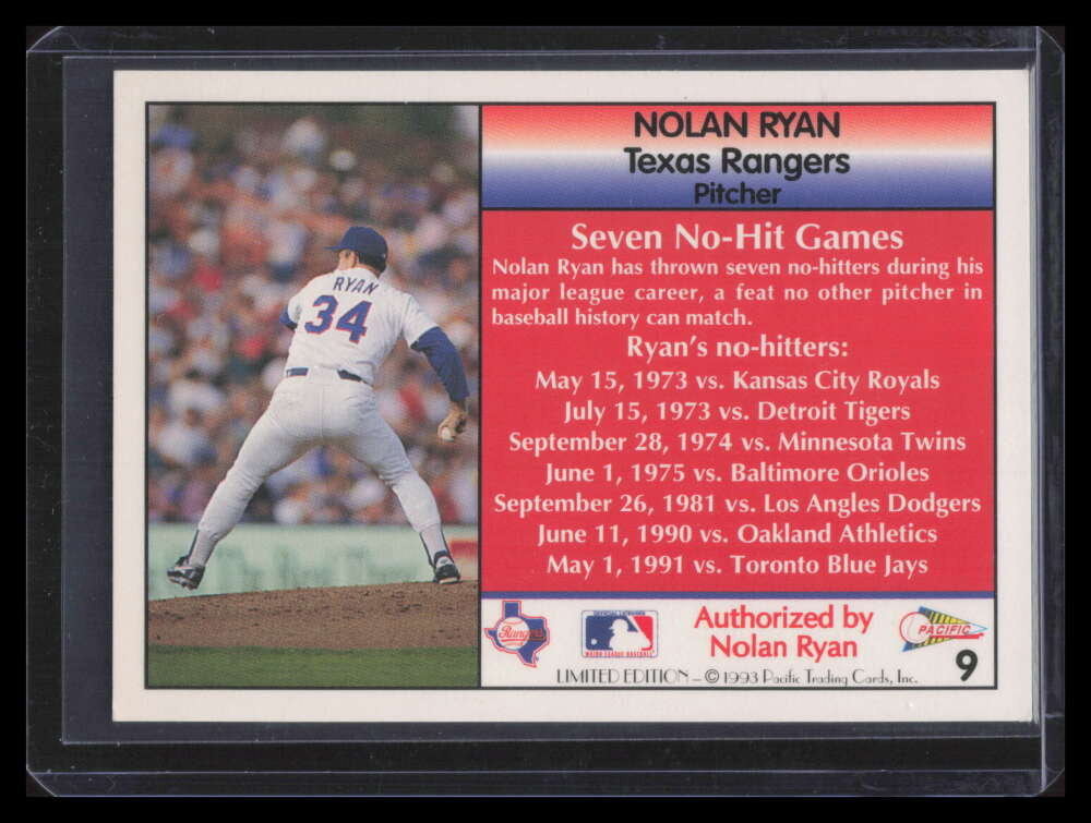 1993 Pacific Limited White Borders 27th Season 9 Nolan Ryan Seven No-Hit Games