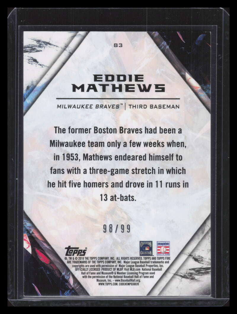2018 Topps Fire Purple 83 Eddie Mathews 98/99