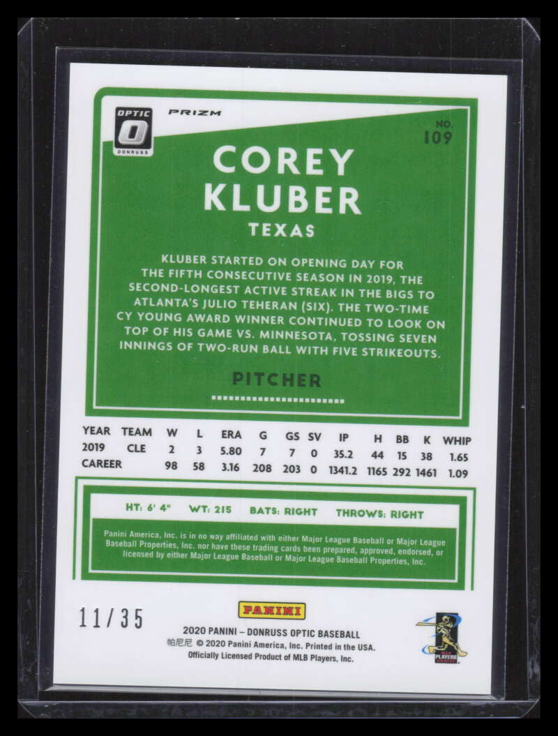2020 Donruss Optic Teal Velocity Refractor 109 Corey Kluber 11/35