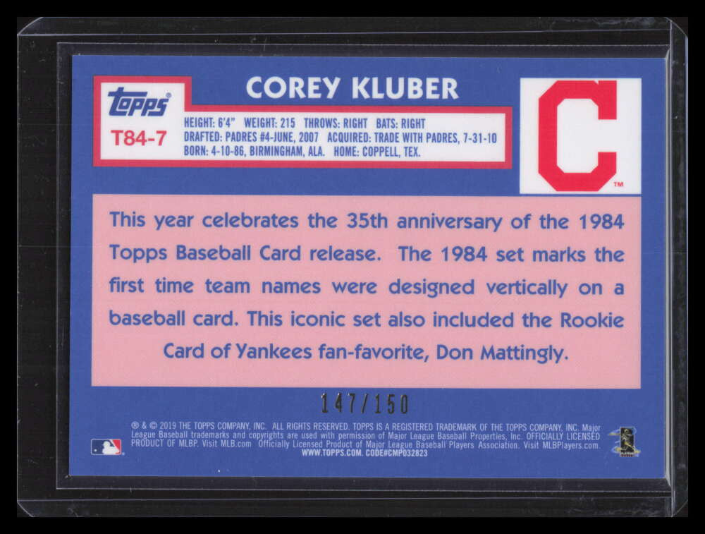 2019 Topps '84 Topps Silver Pack Chrome Blue Refractor t847 Corey Kluber 147/150