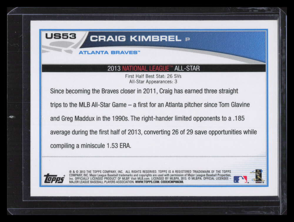 2013 Topps Update us53b Craig Kimbrel in Dugout Photo Variation SP