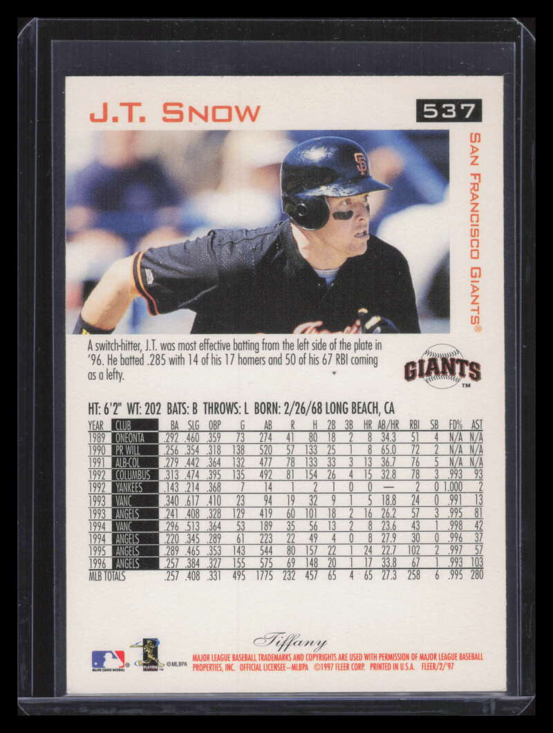 1997 Fleer Tiffany 537 J. T. Snow
