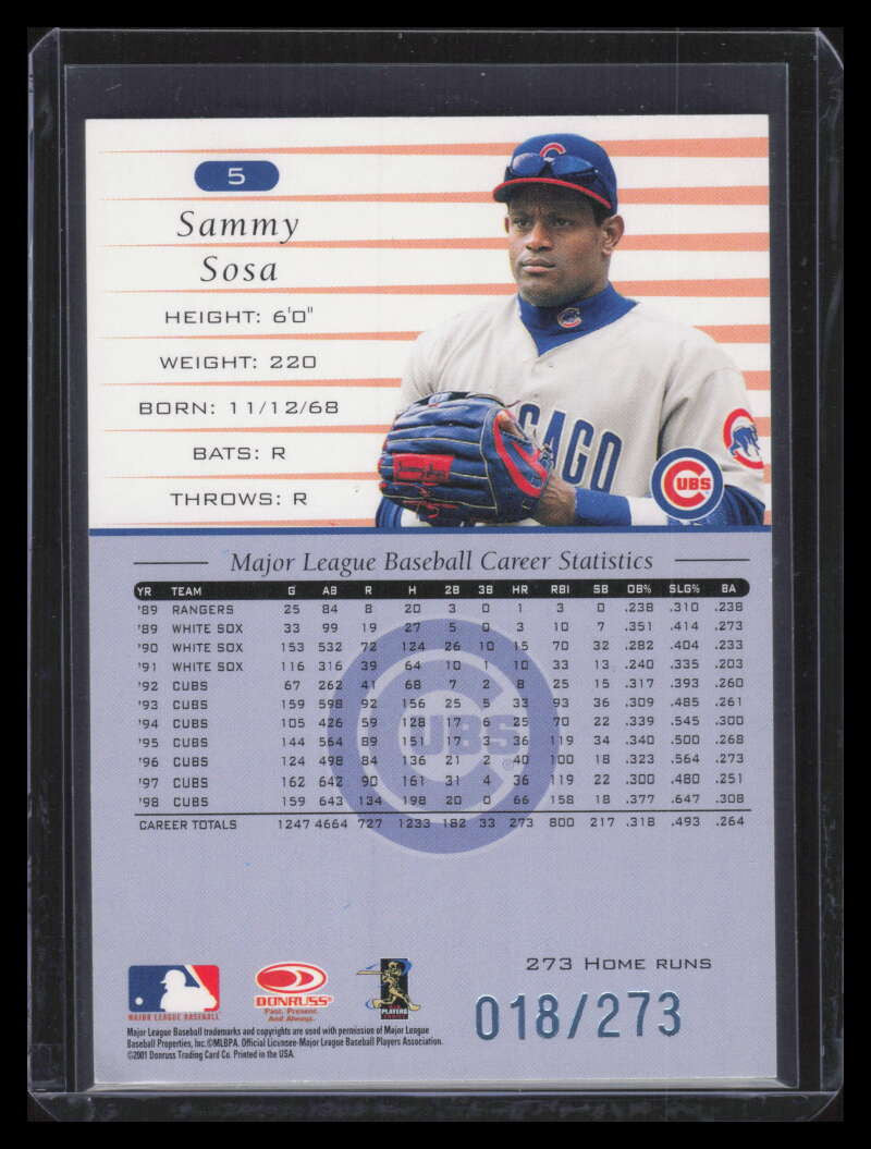 2001 Donruss 1999 Retro Stat Line Career 5 Sammy Sosa 18/273