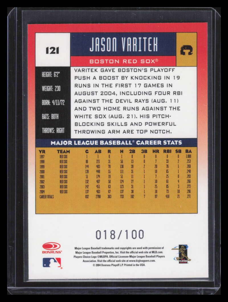 SOLD 178468 2005 Donruss Press Proofs Blue 121 Jason Varitek 18/100