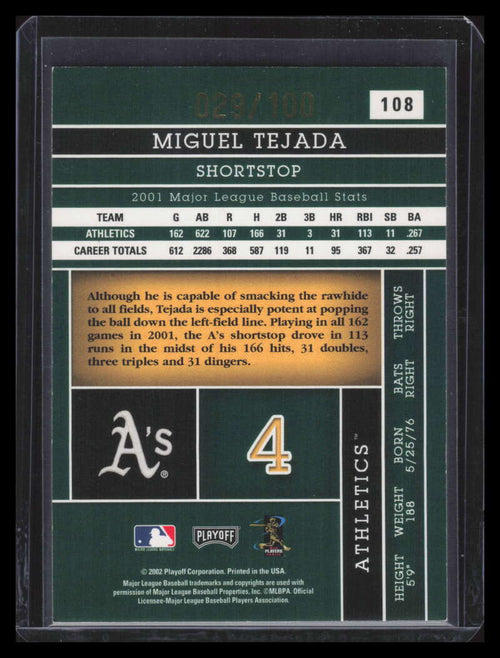2002 Absolute Memorabilia Spectrum 108 Miguel Tejada 29/100