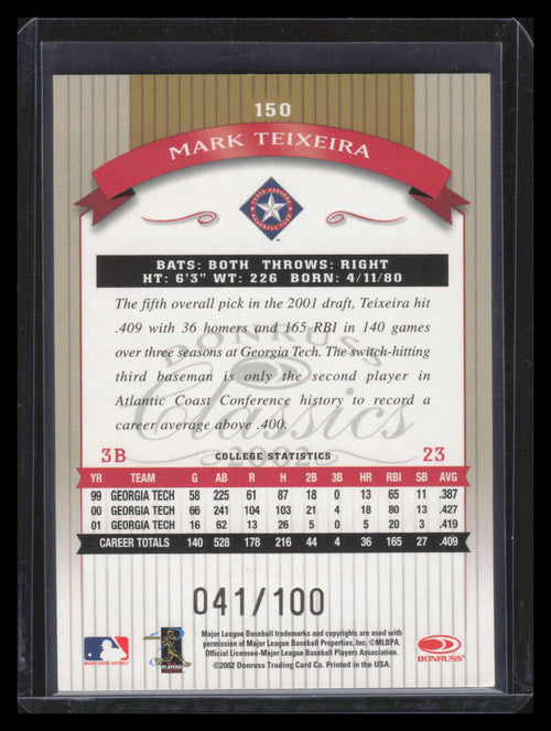 2002 Donruss Classics Timeless Tributes 150 Mark Teixeira ROO 41/100