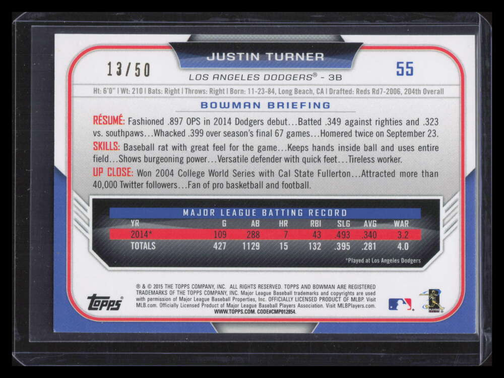 2015 Bowman Purple Ice 55 Justin Turner 13/50