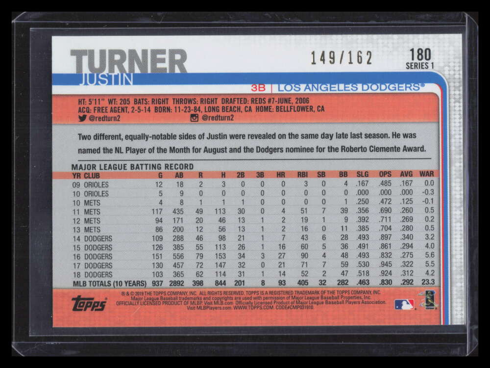 2019 Topps Factory Set Sparkle Foil 180 Justin Turner 149/162