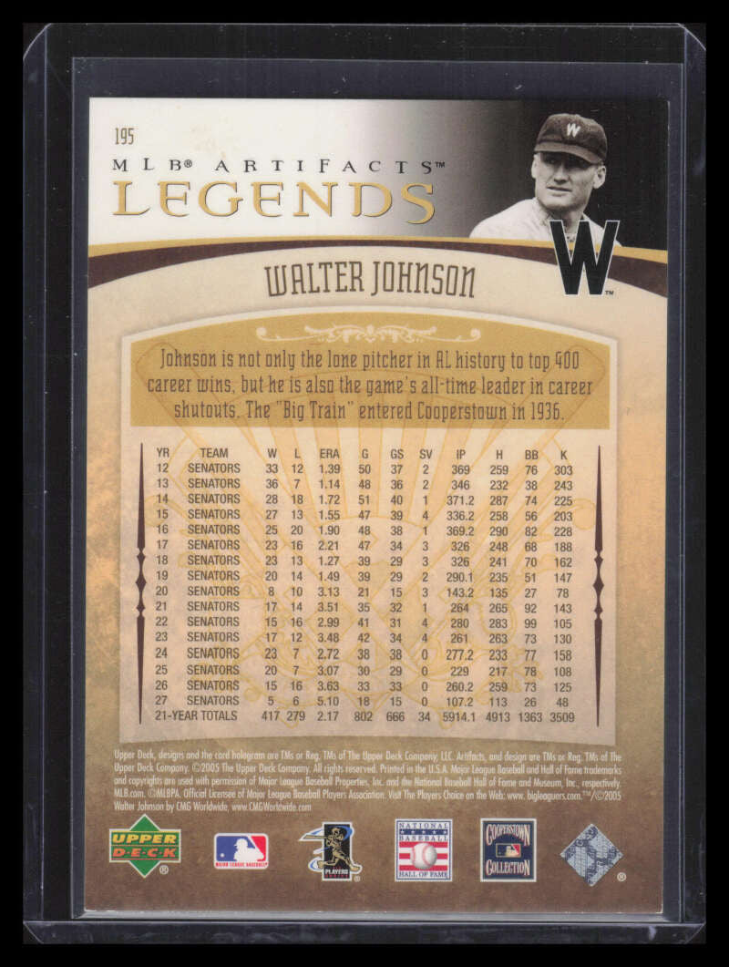 2005 Artifacts Rainbow Blue 195 Walter Johnson LGD 53/100 Legends