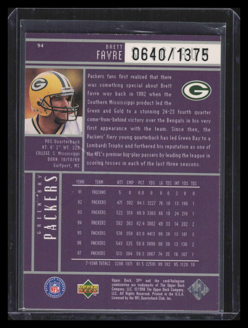 1998 SPx Finite Spectrum 94 Brett Favre PM 640/1375 Playmakers