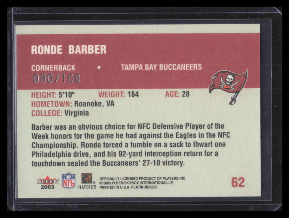 2003 Fleer Platinum Finish 62 Ronde Barber 90/100